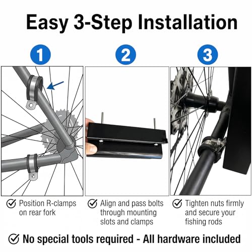 Bike Fishing Rod Holder,Fishing Rod Holder for Bike Frame,Bicycle Fishing Pole Holder with Stainless Steel R-Clamps & Elastic Straps,Secure Bicycle Rod Holder,Fits Most Rods with Reels