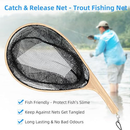 Fishing Net with Comfortable Grip Handle Wooden Poles Fishing Landing Net with Lanyard for Adults Portable Landing Net - size: S: About. 42x20cm/16.54x7.87"