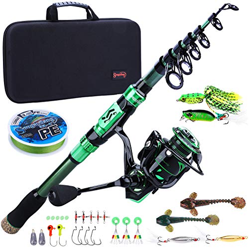 Sougayilang Fishing Rod and Reel Set Carbon Fiber Telescopic Fishing Rod 12+1BB Spinning Reel with Carry Case for Saltwater Freshwater - color: green, size: 7.87 ft - 3000