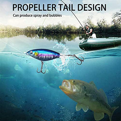 Topwater Fishing Lures for Bass, Whopper Popper Lures with Realistic 3D Eyes and Rotating Tails for Freshwater and Saltwater - 5pcs Set