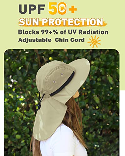 Tirrinia Wide Brim Sun Hat with Neck Flap for Men & Women, Breathable Hiking Fishing Safari Hat, Outdoor UV Protection Cap - color: # Tan