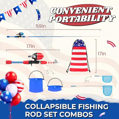 Kids Fishing Pole, Portable Telescopic Kids Fishing Poles for Boys Girls Youth, Fishing Rod and Reel Combo - color: Flag red+blue