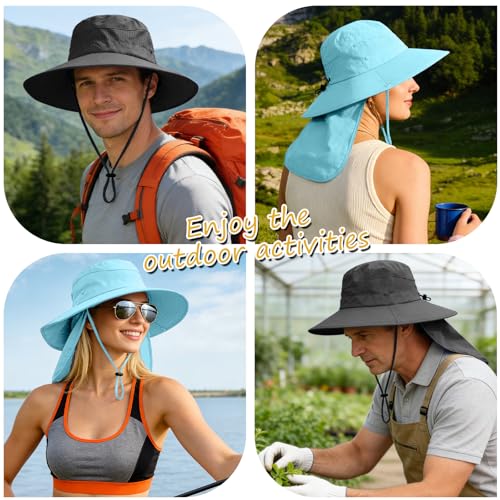 Sun Hats for Men Women, UPF50+ Protection Safari Hat,Wide Brim Fishing Hat with Neck Flap,Bucket Hats for Beach Hiking - color: Blue
