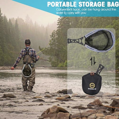 THKFISH Fly Fishing Landing Net, Foldable Landing Trout Net with ABS Handle,Rubber Coated Mesh Trout Net with Tackle Bag for Trout Bass Catch and Release, Portable Fly Fishing Gear,M/L - size: L-GREY