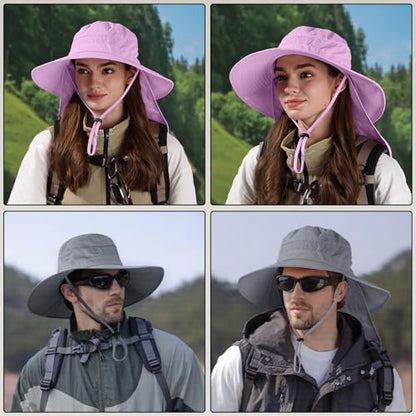 Sun Hats for Men Women, UPF50+ Protection Safari Hat,Wide Brim Fishing Hat with Neck Flap,Bucket Hats for Beach Hiking - color: Purple