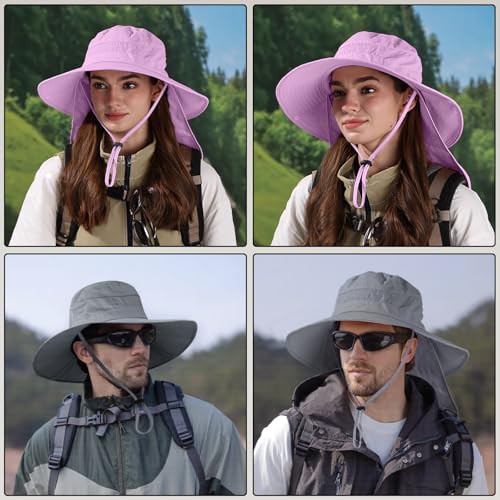 Sun Hats for Men Women, UPF50+ Protection Safari Hat,Wide Brim Fishing Hat with Neck Flap,Bucket Hats for Beach Hiking - color: Purple