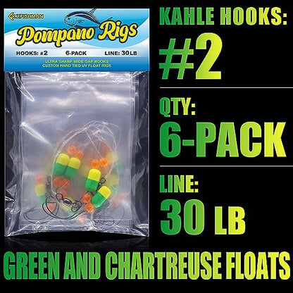 Pompano-Rigs-for-Surf-Fishing-Saltwater-Gear with Double Circle & Wide Gap Hook-6-Pack Surf Fishing Tackle - color: Green and Chartreuse 6-Pack, size: #2 Wide Gap Hook