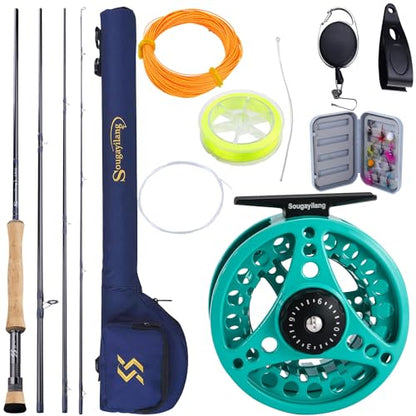 Sougayilang 5/6 Weight 9ft Fly Rod, 4-Piece Graphite Rod, Die Cast Aluminum Reel, Carrying Case, Fly Box & Fishing Flies Combo Starter Kit - color: Fly Fishing Combo #8-Turquoisee
