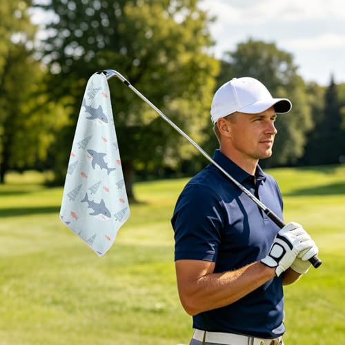 Sharks Fish Tree Blue Print Magnetic Golf Towel for Golf Bags Microfiber Golf Essentials for Men Women with Carabiner Clip Attaches to Clubs and Carts, 17.7"x17.7"