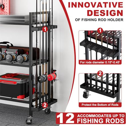 Fishing Rod Holders for Garage, Fishing Rod Stand with Wheels and Pegboard, 3-Tier Pole Storage Rack with 8 Hooks and 12 Rod Slots, Ideal for Tackle, Backpacks, and Gear Red - color: Red