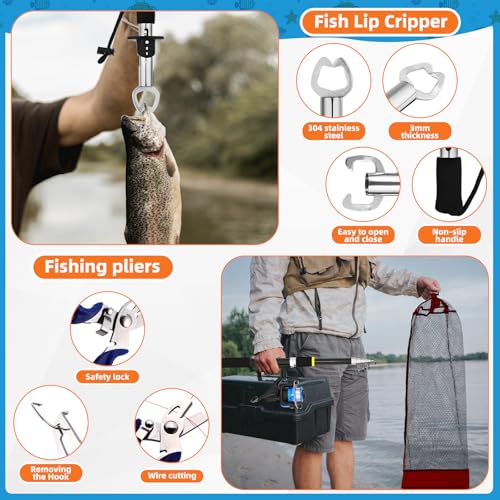 Telescopic Fishing Rod and Reel Combo 2 Pcs Collapsible Fishing Pole Kit with Plier Lip Gripper Lures Carrier Bag Pre-Loaded Spinning Reel for Beginner Men Travel Saltwater Freshwater - size: 6.89ft