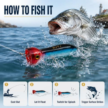 Topwater Popper Fishing Lure, 120mm 4.7in Floating Saltwater Surface Bait with BKK 3X Strong #1 Treble Hooks and Split Rings, Long Casting Hard Lure for Striped Bass Tuna Bluefish Inshore Fishing - color: A2-1PCS/1.48OZ-4.7"