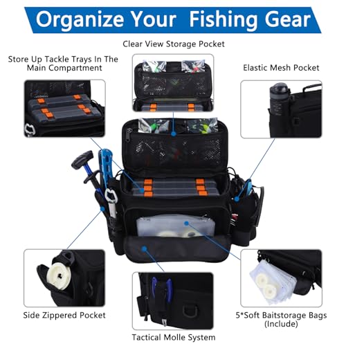 Fishing Tackle Bags with Tackle Box &Tool Set,Gifts for Men (Black) | Waterproof,Fish Bag with 136 Pcs Fishing Lures Kit,Fish Hook Remover Tool,Fish Lip Gripper,Fishing Plier - color: Black