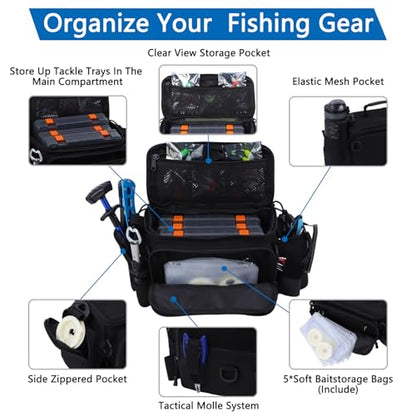 Fishing Tackle Bags with Tackle Box &Tool Set,Gifts for Men (Black) | Waterproof,Fish Bag with 136 Pcs Fishing Lures Kit,Fish Hook Remover Tool,Fish Lip Gripper,Fishing Plier - color: Black