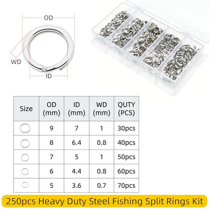 Fishing Split Rings Kit: 250pcs Heavy Duty Steel Fishing Lure Making Ring Fishing Hook Connector Tackle - color: Silver Split Mini Plier Set