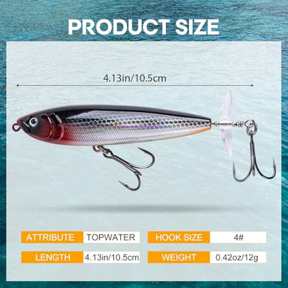 Goture Topwater Fishing Lures, Bass Popper Lure Kit, Top Water Plopper Fishing Lures with Double Blade Rotating Tail, Floating Lure for Freshwater Saltwater Bass Walleye Pike Catfish, Gifts for Men