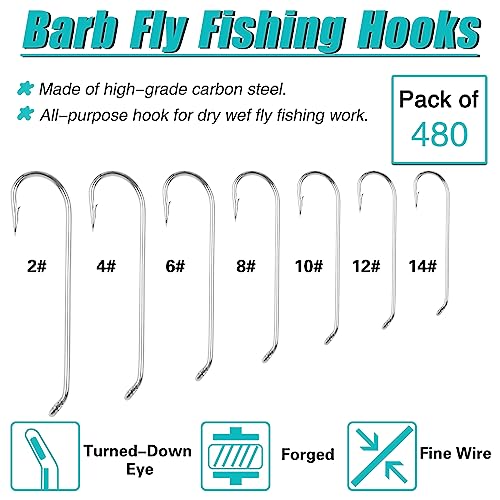 Fly Tying Hooks Assortment Dry Fly Fishing Hooks for Trout Salmon Fishing | Black Nickel High Carbon Steel, 480pcs/320pcs Fly Hooks for Dry Wet Nymphs Streamers Caddis Pupa Freshwater Saltwater Fishing - style: 480pcs