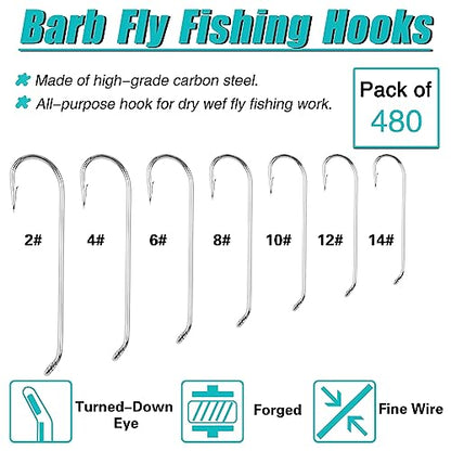 Fly Tying Hooks Assortment Dry Fly Fishing Hooks for Trout Salmon Fishing | Black Nickel High Carbon Steel, 480pcs/320pcs Fly Hooks for Dry Wet Nymphs Streamers Caddis Pupa Freshwater Saltwater Fishing - style: 480pcs