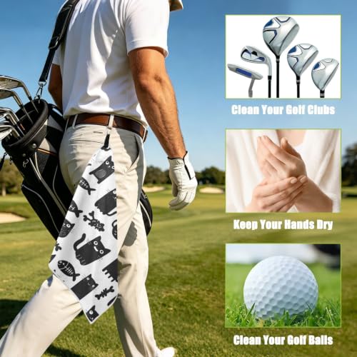 Black Cat Fish White Pattern Magnetic Golf Towel for Golf Bags Microfiber Golf Essentials for Men Women with Carabiner Clip Attaches to Carts and Clubs, 17.7"x17.7"