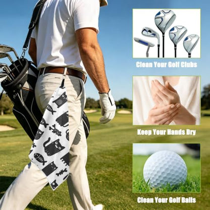 Black Cat Fish White Pattern Magnetic Golf Towel for Golf Bags Microfiber Golf Essentials for Men Women with Carabiner Clip Attaches to Carts and Clubs, 17.7"x17.7"