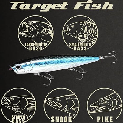 LUCKY CRAFT Gunfish 95 3 Hook Freshwater Fishing Lures and Bait for Bass Fish, Topwater Fish Line, Surface Bait with Treble Hooks, Fishing Gear for Tackle Box - color: 052 Aurora Black