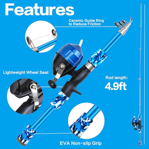 Collapsible Telescopic Fishing Rod and Reel Combo Push Button Small Fishing Pole Kit Beginner Youth Boys Fishing Starter Set Tackle - color: Camo Blue, size: 4.92FT
