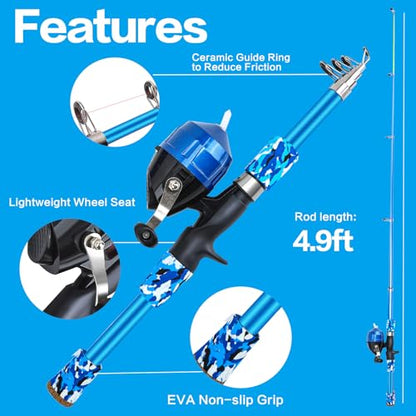 Collapsible Telescopic Fishing Rod and Reel Combo Push Button Small Fishing Pole Kit Beginner Youth Boys Fishing Starter Set Tackle - color: Camo Blue, size: 4.92FT