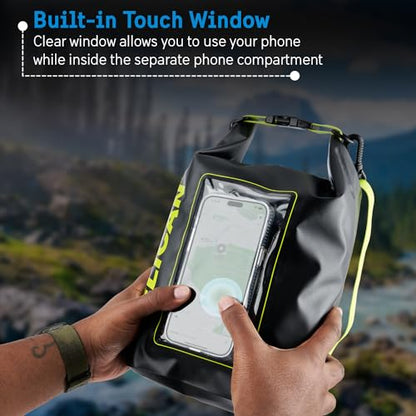 Pelican Marine IP68 Waterproof Dry Bag 5L w/Phone Pouch/Case - Black/Yellow | Roll Top Waterproof Backpack with Touchscreen Phone Pouch - Swimming, Kayaking, Camping, Rafting, Fishing & Travel Essentials - color: Black/Yellow - 5L, size: 5L