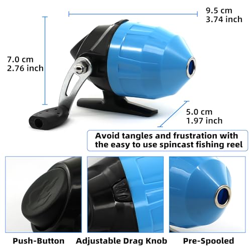 Kilitn Kids Fishing Pole Kit, Easy Fishing Telescopic Casting Rod and Spincast Reel Combos Full Set with Tackle and Travel Bag, for Boys, Girls, Youth, Starter - color: Blue Striped