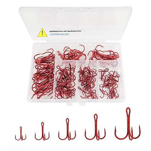 Red Fishing Treble Hooks Kit, High Carbon Steel Hooks Strong Sharp Round Bend for Lures Baits Saltwater Freshwater Bass Fishing 100pcs Mixed 5 Size 2# 4# 6# 8# 10# - color: 100pcs Red Treble Hooks