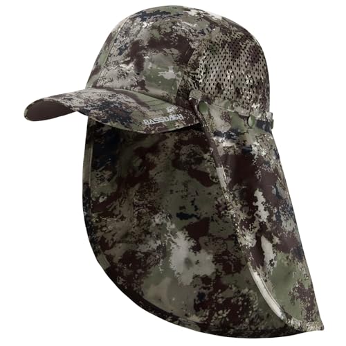 BASSDASH UPF 50+ Foldable Fishing Hat Baseball Cap with Removable Neck Flap Portable for Men Women Golf Hiking - color: Grunge Camo With Unfoldable Brim