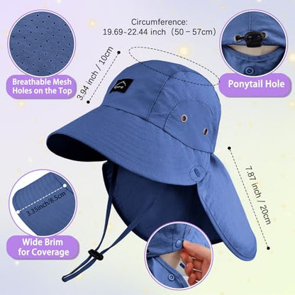 Kids Sun Hat with Detachable Neck Flap for Boys & Girls Wide Brim Fishing Hat for Kids Water Resistant UV Protection - color: 1 Pack-blue