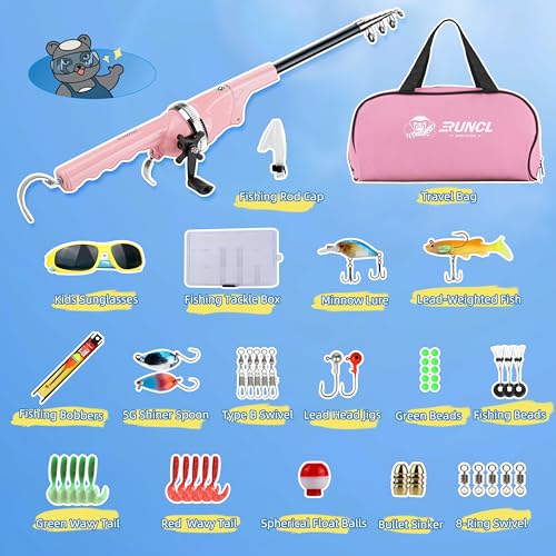 RUNCL Kids Fishing Pole - Portable Folding Fishing Rod and Reel Combo Kit with Spincast Fishing Reel, Kids Sunglasses, Tackle Box, Travel Bag, Gift for Children's Day