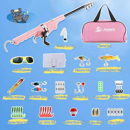 RUNCL Kids Fishing Pole - Portable Folding Fishing Rod and Reel Combo Kit with Spincast Fishing Reel, Kids Sunglasses, Tackle Box, Travel Bag, Gift for Children's Day