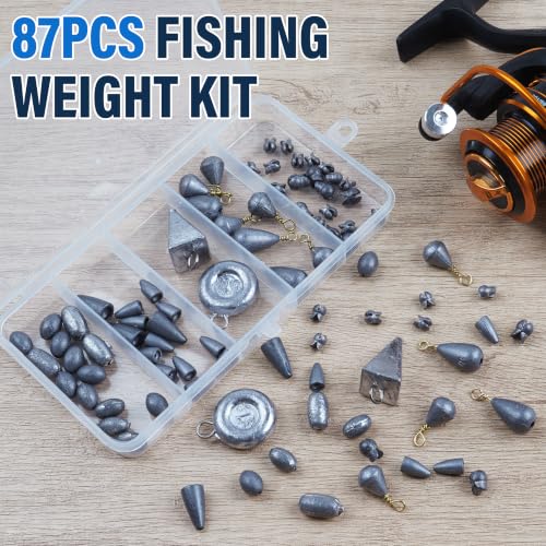 Fishing Weights Sinkers Kit, 87pcs Assorted Drop Shot Weights Split Shot Sinkers Bullet Coin Pyramid Weights Saltwater Casting Fishing Sinkers Assortment Set with Tackle Box