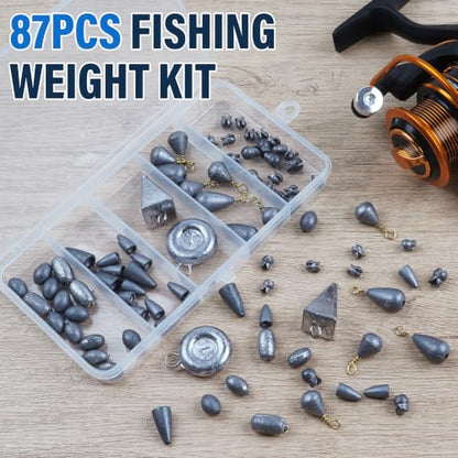 Fishing Weights Sinkers Kit, 87pcs Assorted Drop Shot Weights Split Shot Sinkers Bullet Coin Pyramid Weights Saltwater Casting Fishing Sinkers Assortment Set with Tackle Box