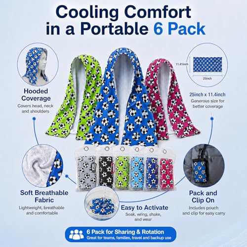 6 Pack Cooling Hoodie Towel, 25 x 12 Inch Hooded Neck Wrap with Pouches and Clips, Soft Breathable Ice Towel for Sports, Gym, Camping, Fishing, Cycling, Outdoor Work, Portable Set