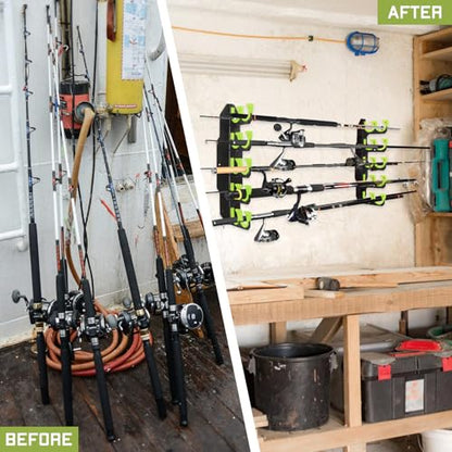 Hikeen Fishing Rod Holders, Fishing Pole Holders for Garage, Wall or Ceiling Mounted Fishing Rod Rack Holds Up to 10 Rods（1 Pack） - style: Green-1Pack