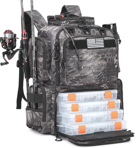 Tactical Fishing Backpack with Tackle Boxes, Rod Holders & Bottle Holder, 50 L Large Tackle Box Backpack with Cooler, Fishing Tackle Bag Store Gear & Equipment, 900 D Oxford, Camouflage Black - color: Gray CM