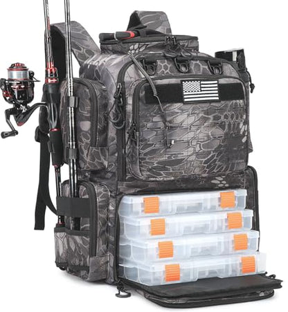 Tactical Fishing Backpack with Tackle Boxes, Rod Holders & Bottle Holder, 50 L Large Tackle Box Backpack with Cooler, Fishing Tackle Bag Store Gear & Equipment, 900 D Oxford, Camouflage Black - color: Gray CM