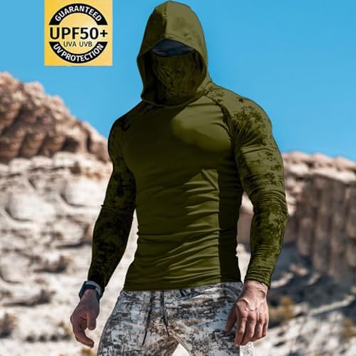 UPF 50+ Men's Sun Protection Hoodie Long Sleeve Sun Shirt with Face Mask Quick Dry Breathable Sun Guard for Fishing - color: A01-army Green, size: Large