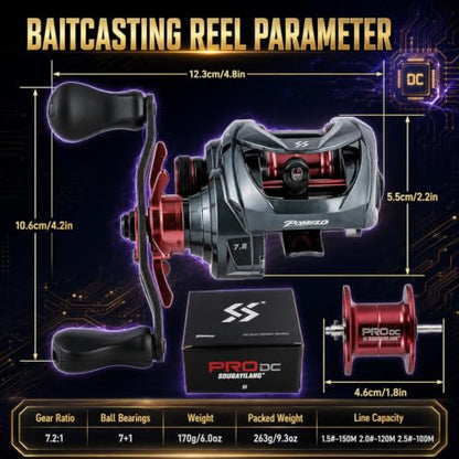 Sougayilang Upgraded DC Baitcasting Reel with Digital Control Braking, Carbon Fiber Handle, 7+1 Stainless Steel Bearings, 7.2:1 Gear Ratio, Brass Gear, Audible Drag Clicker - color: Left Handed