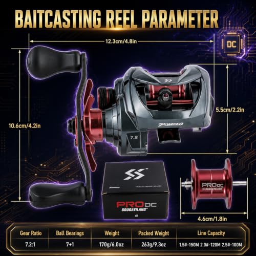 Sougayilang Upgraded DC Baitcasting Reel with Digital Control Braking, Carbon Fiber Handle, 7+1 Stainless Steel Bearings, 7.2:1 Gear Ratio, Brass Gear, Audible Drag Clicker - color: Right Handed