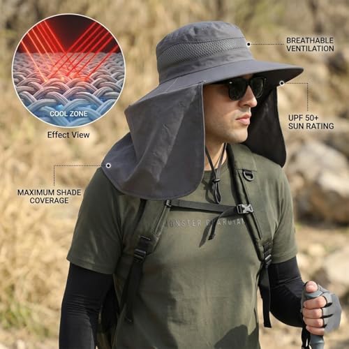 HUAMULAN Men Summer Sun Hat Women Safari Wide Brim Fishing Hats UV Protection Neck Flap Bucket Gardening Hiking Hunting Cap - color: Hyp016-darkgray