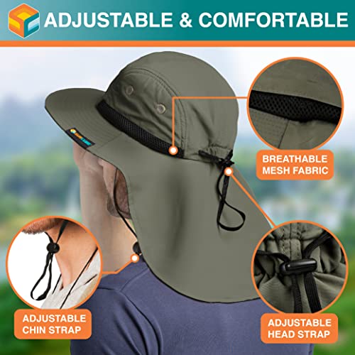 SUN CUBE UPF50+ Sun Hat for Men Women with Neck Flap, Wide Brim UV Protection Fishing Safari Hat for Hiking Beach Gardening - color: Olive