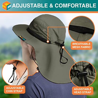SUN CUBE UPF50+ Sun Hat for Men Women with Neck Flap, Wide Brim UV Protection Fishing Safari Hat for Hiking Beach Gardening - color: Olive