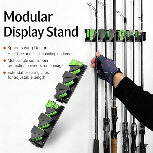 BOROLA Expandable Wall Mounted Fishing Rod Rack, 3-Slot Horizontal/Vertical Rod Holder with Spring Clamps & Soft Rubber Pads, No-Drill or Screw Mount Storage Organizer for All Fishing Poles