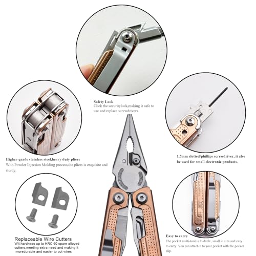 SQT2048-C 20-in-1 Multitool Pliers, Stainless Steel Multi Tool with Safety Lock, Pocket Clip, Foldable EDC Tool for Outdoor Camping Hiking Fishing Repair,Gift for Men, Rose Gold - style: SQT2048-C