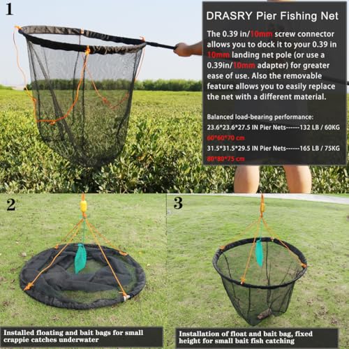 Drasry Foldable Bridge and Pier Fishing Landing Net - High Load-Bearing Aluminum Ring Drop Net for Saltwater Freshwater - Collapsible Basket With 49.2 FT Rope - color: black, size: 23.6*23.6*27.5 IN / 60*60*70cm, style: Small Size Mesh