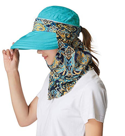 icolor Women Sun Hat UPF 50+ Sun Protection Hat Summer Outdoor Neck Shield Flap Visor Hat Ponytail Hats Wide Brim Beach Hat - color: Sky Blue